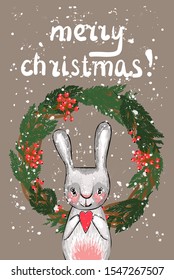 Merry Christmas. Winter animals. Snow background. New Year card