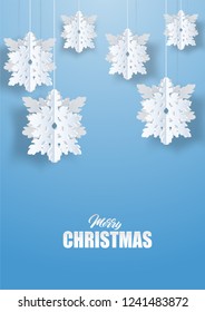 Merry Christmas , winter  background . Design with paper art style snowflakes on blue background .vector, illustration