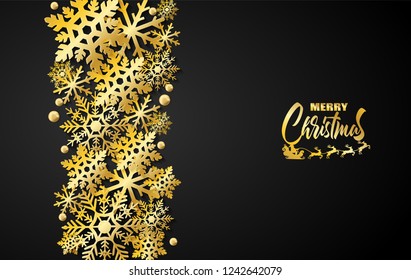 Merry Christmas , winter  background . Design with paper art style Golden snowflakes black background .vector, illustration