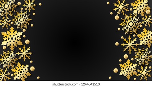 Merry Christmas , winter  background . Design with paper art style Golden snowflakes black background .vector, illustration