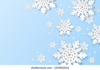 Merry Christmas , winter  background . Design with paper art style snowflakes on blue background .vector, illustration