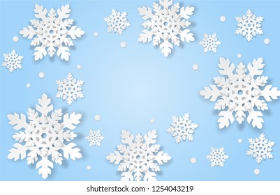 Merry Christmas , winter  background . Design with paper art style snowflakes on blue background .vector, illustration