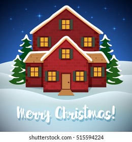 Merry Christmas Winter Background with Red House and Trees. Vector holiday design