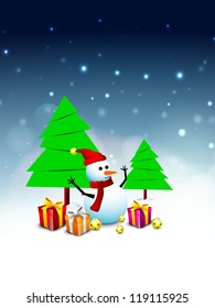 Merry Christmas winter background with snowman, tree and gift boxes. EPS 10.