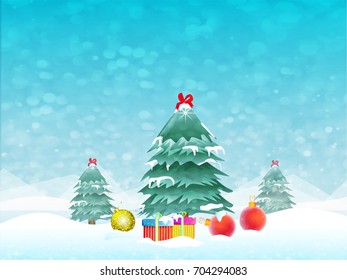Merry Christmas Winter Background with Trees and Gift Boxes.