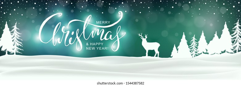 Merry Christmas Winter Background with Xmas Trees and Deer.Vector 