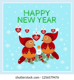 Merry christmas winter bird couple with berries,snow ,snowflake,candle and christmas bell on blue background
