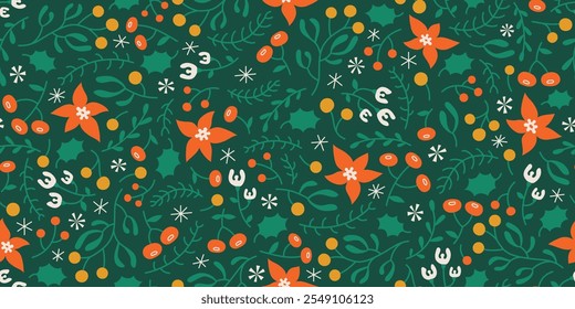 Patrón sin fisuras botánico de invierno de Navidades alegres en verde. Fondo floral del Vector del año nuevo con el muérdago, bayas, flores de la flor de Pascua.