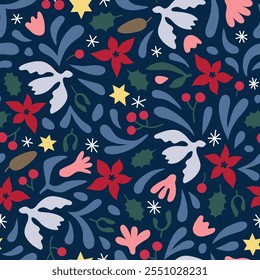 Merry Christmas winter botanical seamless pattern on dark. Floral new year vector background with poinsettia flowers, dove.