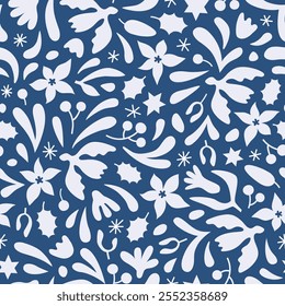 Merry Christmas winter botanical seamless pattern on blue. White monochrome floral new year vector background with poinsettia flowers, bird.