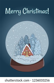 Merry Christmas winter cabin log in a snow globe scene postcard