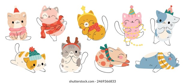 Merry christmas and winter concept background vector. Collection drawing of cute cats with decorative scarf, ribbon, hat. Design suitable for banner, print card, sticker, banner, cover.