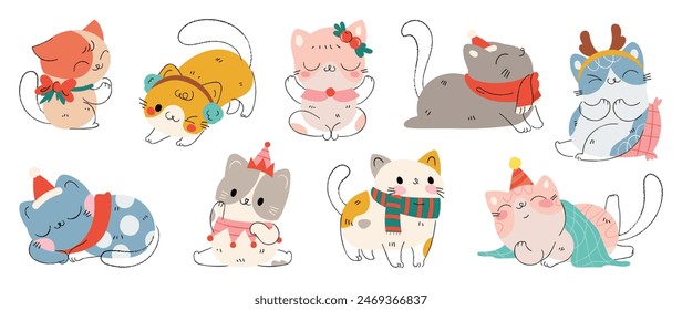 Merry christmas and winter concept background vector. Collection drawing of cute cats with decorative scarf, ribbon, hat. Design suitable for banner, print card, sticker, banner, cover.