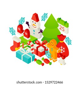 Merry Christmas Winter Concept. Vector Illustration of Holiday Isometry Greeting Card.