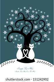 merry christmas, winter design with pair of cats, tree silhouette and snow flakes, editable greeting card