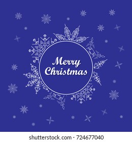 Merry Christmas winter festive poster. The falling snowflakes. Greeting card, banner. Snow patterns.Geometric circle element symmetric round ornament.Design element holiday banner. Flat vector.