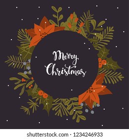 merry christmas winter foliage plants, poinsettia flowers leaves branches, red berries circle round frame template on a dark blue background