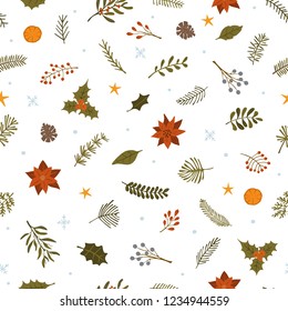 merry christmas winter foliage plants, poinsettia flowers leaves branches, red berries and snowflakes seamless pattern swatch
