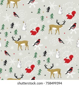 Merry Christmas winter forest animals cartoon funny doodle vector seamless pattern