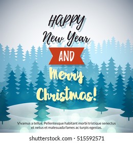 Merry Christmas Winter Forest Background with trees, snow mountains. Vector holiday design