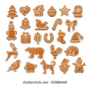 Feliz Navidad Winter Gingerbread Cookies colección: hombre, casa, estrella, oso polar, ciervo, trineo, hollín, muñeco de nieve, bullfinch, campana, árbol de Navidad, bola, santa, cangrejo, calcetines, sombrero