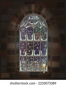Merry Christmas winter gothic window with champagne, city background, vector illustration