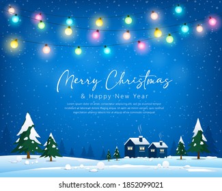 Merry Christmas winter greeting card bulb light, house, tree and snow blue background, Eps 10 vector illustration