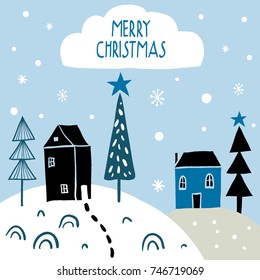 Merry Christmas. Winter greeting card or print design with cute houses, trees, snowflakes. Vector illustration