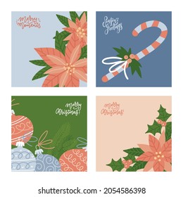 Merry christmas winter greeting cards set. Collection of square banners with holly, poinsettia, fir branch, xmas balls with festive lettering quotes. Vector flat hand drawn illustration