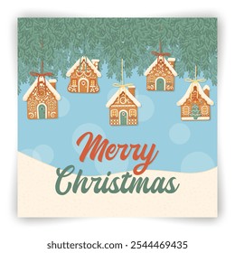 Merry Christmas winter greeting postcard with hanging on ribbons gingerbread houses. New year card frame with fir tree branches and snow. Cookies on colorful ropes with bows. Vector illustration.