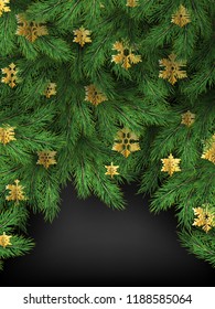 Merry Christmas winter holiday background, fir tree branches and golden snowflakes. Great for cards, banners, headers, party posters. EPS 10
