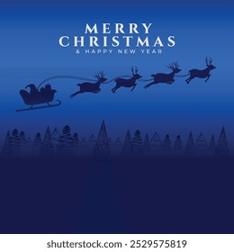 Merry christmas winter holiday banner with silhouette santa claus in sleigh