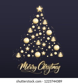 Merry Christmas. Winter holiday card with shiny gold decorations and Christmas calligraphy.