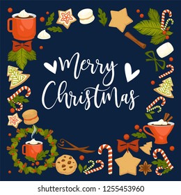 Merry Christmas winter holiday concept symbolic images. Wreath and gingerbread cookies in form of pine and star. Cinnamon and chocolate, cup with hot beverage, coffee and candies mistletoe