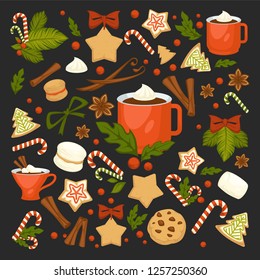 Merry Christmas winter holiday concept symbolic images. Wreath and gingerbread cookies in form of pine and star. Cinnamon and chocolate, cup with hot beverage, coffee and candies mistletoe