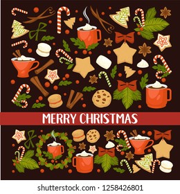 Merry Christmas winter holiday concept symbolic images. Wreath and gingerbread cookies in form of pine and star. Cinnamon and chocolate, cup with hot beverage, coffee and candies mistletoe