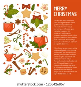 Merry Christmas winter holiday concept symbolic images wreath and gingerbread cookies in form of pine and star cinnamon stick and chocolate cup with hot beverage coffee and candies mistletoe.
