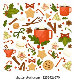 Merry Christmas winter holiday concept symbolic images. Wreath and gingerbread cookies in form of pine and star. Cinnamon and chocolate, cup with hot beverage, coffee and candies mistletoe