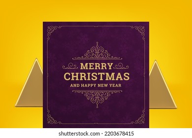Merry Christmas winter holiday congrats purple vintage greeting card royal antique design vector illustration. Happy New Year violet festive congratulations banner retro old fashioned curved ornament