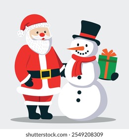 Merry Christmas, winter holiday flat design. Cute christmas illustration of a Santa and Snowman with giftbox. Xmas season characters. Vector illustration isolated on white background