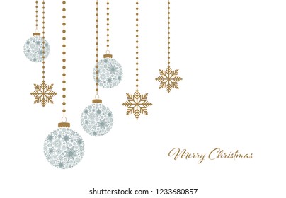 Merry Christmas. Winter holiday greeting card with Christmas balls with snowflakes. Vector illustration 