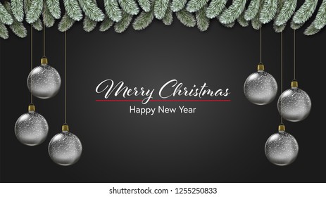 Merry Christmas. Winter holiday greeting card with transparent christmas glass ball with falling snow and border of realistic christmas tree branches. Vector illustration 