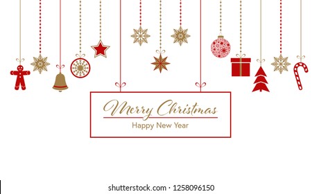 Merry Christmas. Winter holiday greeting card with red and gold ornamental border. Hanging  Christmas symbols on white. Vector illustration 