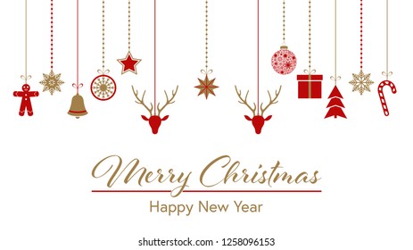 Merry Christmas. Winter holiday greeting card with red and gold ornamental border. Hanging  Christmas symbols on white. Vector illustration 