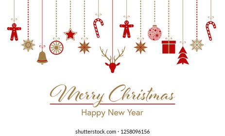 Merry Christmas. Winter holiday greeting card with red and gold ornamental border. Hanging  Christmas symbols on white. Vector illustration 