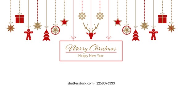 Merry Christmas. Winter holiday greeting card with red and gold ornamental border. Hanging  Christmas symbols on white. Vector illustration 