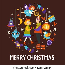 Merry Christmas winter holiday greeting and celebration banner vector people man and woman in snow blizzard angel flying with harp presents and bird baubles and stars of evening sky bells time.