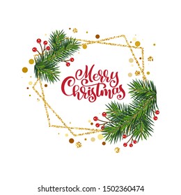 Merry Christmas. Winter Holiday greeting card with calligraphy. Hand drawn design elements. Handwritten modern lettering