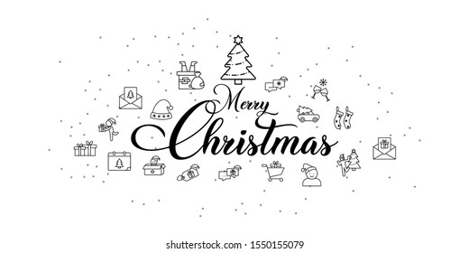 Merry Christmas. Winter Holiday greeting card with calligraphy. Hand drawn design elements. Handwritten modern lettering