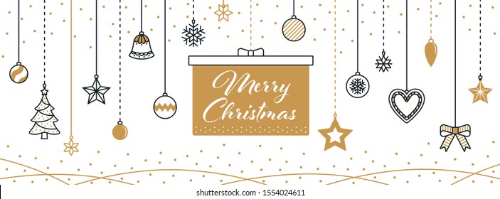 Merry Christmas. Winter Holiday greeting card with calligraphy text and vector icon design elements, usable as web and facebook banner, greeting card, gift package, vector illustration,  in gold color